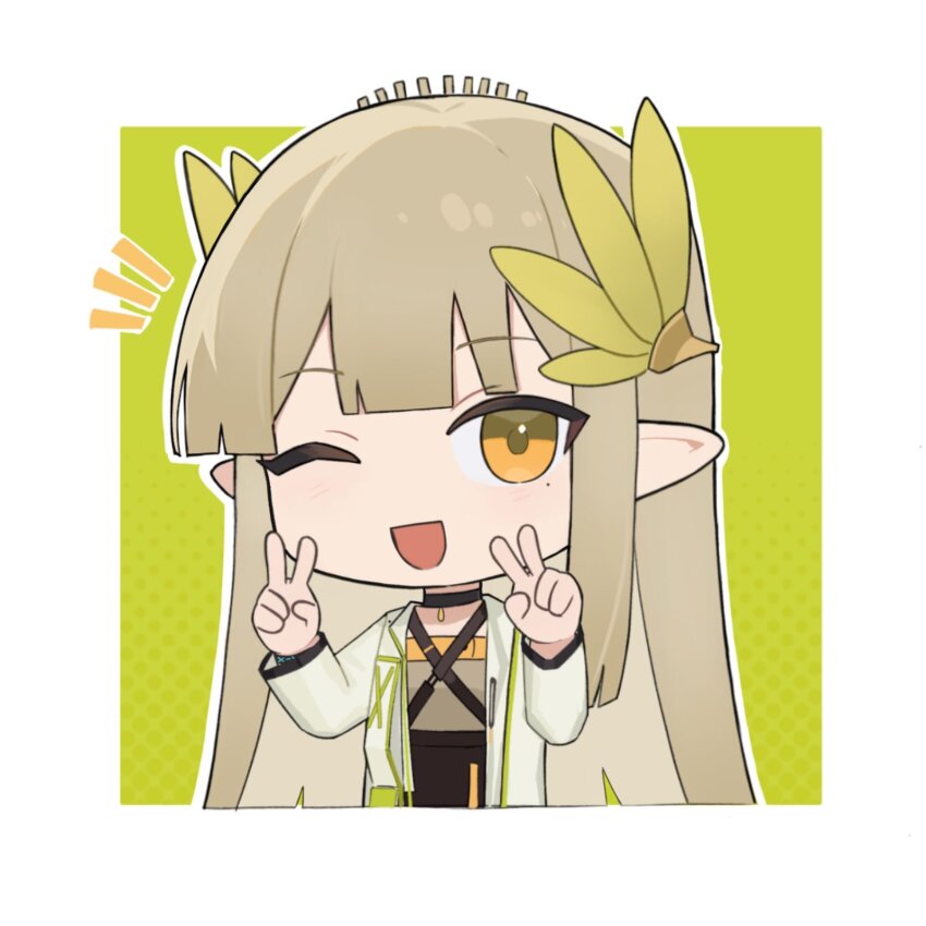 1girl ;d arknights bajigurr black_choker border brown_hair chibi chibi_only choker double_v elf green_background halftone halftone_background hands_up highres infection_monitor_(arknights) long_hair long_sleeves looking_at_viewer mole mole_under_eye muelsyse_(arknights) no_nose notice_lines one_eye_closed open_clothes open_mouth open_shirt outline outside_border pointy_ears shirt smile solo v white_border white_outline white_shirt yellow_eyes