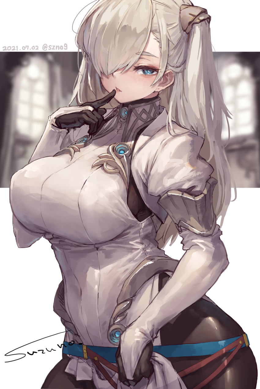 1girl black_bodysuit blue_eyes blurry blurry_background bodysuit bodysuit_under_clothes breasts bridal_gauntlets covered_navel dated dress finger_to_mouth hair_over_one_eye hand_up highres large_breasts letterboxed light_blush long_hair looking_at_viewer original outside_border parted_lips shrug_(clothing) signature solo suzuno_(bookshelf) twitter_username two_side_up upper_body white_dress white_hair
