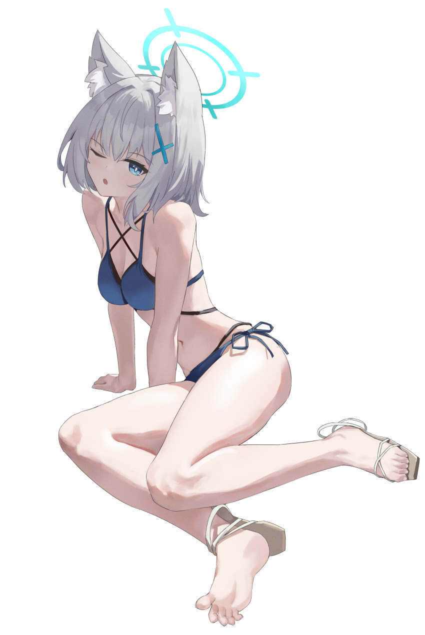 1girl absurdres alternate_costume animal_ears bare_shoulders bikini black_bikini blue_archive blue_bikini blue_eyes cosplay grey_hair heterochromia highres kikyou_(blue_archive) kikyou_(swimsuit)_(blue_archive) mixian sandals shiroko_(blue_archive) simple_background solo swimsuit thighs white_background white_sandals wolf_ears