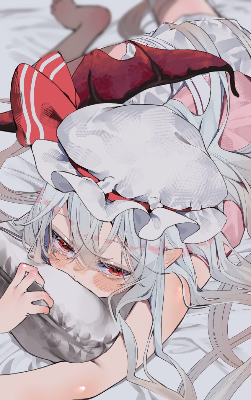 1girl absurdres alternate_hair_length alternate_hairstyle bat_wings black_thighhighs bloomers blush commentary grey_hair hair_between_eyes hat hat_ribbon highres kararage_tsune long_hair looking_at_viewer low_wings lying mob_cap on_stomach pillow pink_shirt pointy_ears red_eyes red_ribbon remilia_scarlet ribbon shirt short_sleeves solo thighhighs touhou underwear very_long_hair white_bloomers white_hat wings