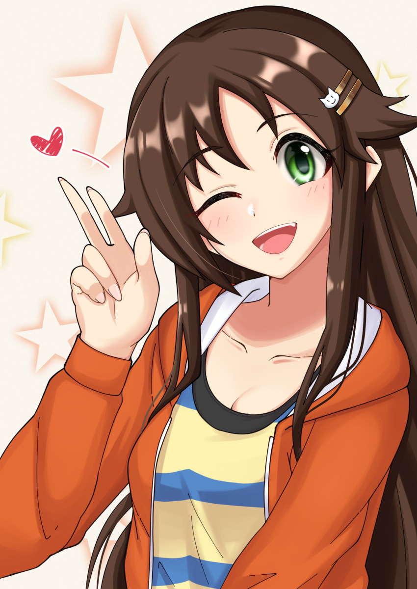 1girl breasts brown_hair cleavage collarbone green_eyes hair_ornament hair_over_shoulder hairclip heart highres himekawa_yuki idolmaster idolmaster_cinderella_girls jacket one_eye_closed orange_jacket shirt smile star_(symbol) striped_clothes striped_shirt tagme teeth tonzura_(tonzura0920) upper_teeth_only w wink