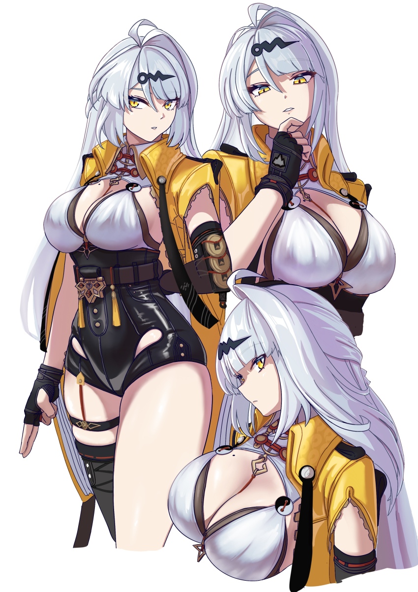 absurdres asymmetrical_gloves black_unitard breasts elbow_gloves gloves high-waist_shorts highres large_breasts mole mole_on_breast mole_on_chest shorts single_elbow_glove single_hair_intake single_thighhigh tage_(tage1gg8) thighhighs uneven_gloves vest yellow_eyes yellow_vest yin_yang_pin yixuan_(zenless_zone_zero) zenless_zone_zero