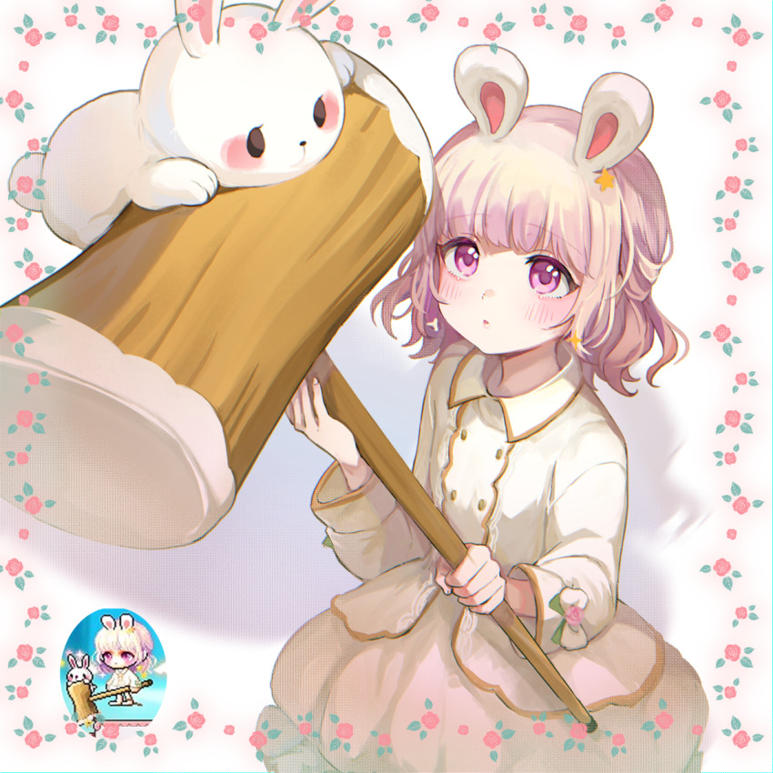 1girl animal animal_ears blush bow brown_hair character_request chibi collared_shirt floral_border flower hair_ornament hammer highres holding holding_hammer leafwow long_sleeves maplestory parted_lips pink_flower pink_rose puffy_long_sleeves puffy_sleeves purple_eyes rabbit rabbit_ears reference_inset rose shirt skirt star_(symbol) star_hair_ornament white_background white_bow white_shirt white_skirt