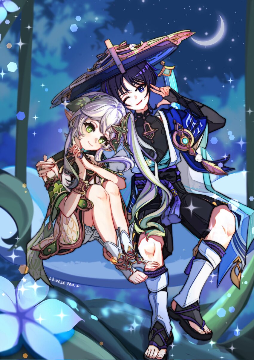 1boy 1girl anklet armlet armor belt black_belt black_bow black_bridal_gauntlets black_footwear black_hair black_shorts black_socks bloomers blue_cape blue_eyes blue_flower blue_hat blue_kimono blue_sleeves blunt_ends bow bridal_gauntlets bright_pupils cape closed_mouth crescent cross-shaped_pupils dated detached_sleeves dress feathers flower full_body furisode gem genshin_impact gold gold_ring gold_trim green_eyes green_gemstone green_hair green_sleeves hair_ornament hakama hakama_shorts half_crown_braid han&#039;eri hand_on_another&#039;s_shoulder hand_up hat head_tilt highres interlocked_fingers japanese_armor japanese_clothes jewelry jingasa kimono knees_apart_feet_together knees_to_chest kote kurokote layered_kimono layered_sleeves leaf leaf_hair_ornament leaning_on_person leg_warmers long_hair looking_at_viewer looking_down middle_ring multicolored_hair nahida_(genshin_impact) night night_sky on_swing one_eye_closed open_clothes open_kimono open_mouth own_hands_clasped own_hands_together pointy_ears pom_pom_(clothes) purple_rope purple_sash rope sandals sash scaramouche_(genshin_impact) short_sleeves shorts side_ponytail sidelocks sitting sky smile socks star_(sky) starry_sky stirrup_legwear streaked_hair swing symbol-shaped_pupils tassel tea0119_c toeless_footwear toeless_legwear toenails toes underwear vision_(genshin_impact) wanderer_(genshin_impact) white_bloomers white_dress white_footwear white_hair white_kimono white_leg_warmers white_pupils white_sleeves yellow_feathers zouri