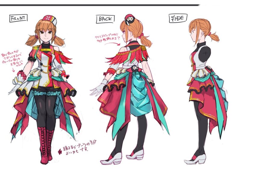 1girl azure_striker_gunvolt black_pantyhose black_shirt brown_hair concept_art cosplay dress gunvolt_chronicles_luminous_avenger_ix idol low_twintails mineda_mayu_(actress) multiple_views official_art pantyhose real_life red_skirt reference_sheet roro_(combat_pod)_(gunvolt) roro_(gunvolt) roro_(gunvolt)_(cosplay) shirt simple_background single_bare_shoulder single_shoulder_pad skirt twintails vest white_background white_vest