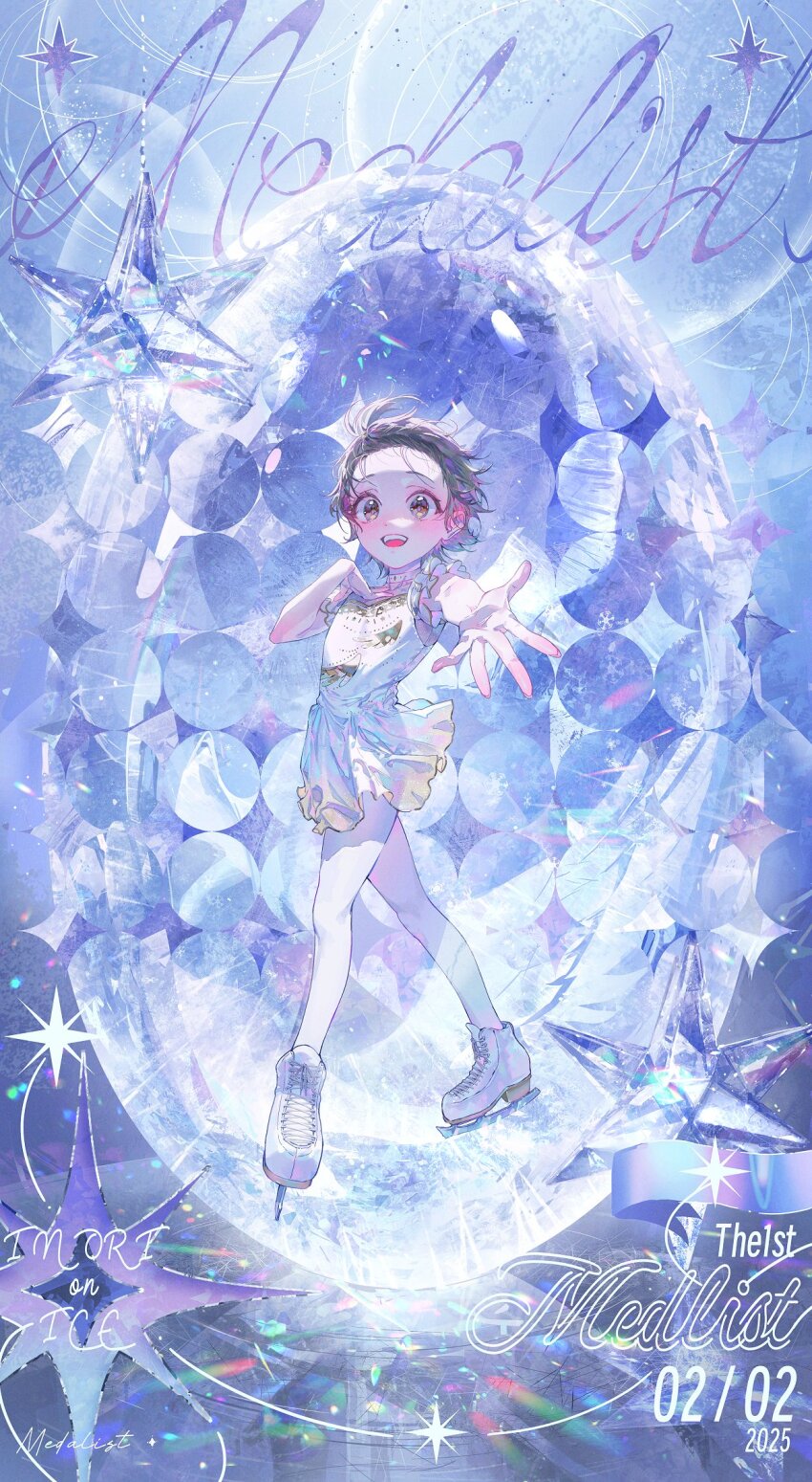 1girl :d black_hair brown_eyes copyright_name dated dress gem hand_on_own_chest highres ice_skates leggings medalist_(manga) open_mouth otaeku777 reaching reaching_towards_viewer skates smile solo upper_body white_dress white_footwear white_leggings white_theme yuitsuka_inori