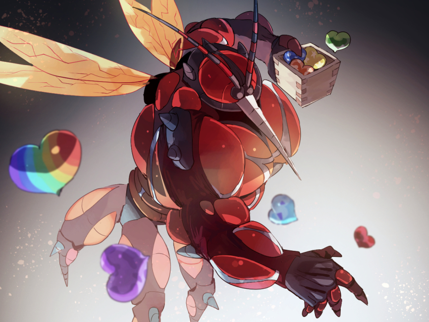 antennae box buzzwole commentary food fusenryo gen_7_pokemon heart heart-shaped_food holding holding_box insect_wings mamemaki masu muscular nintendo poke_bean pokemon pokemon_(creature) rainbow_food setsubun solo spikes standing throwing throwing_food ultra_beast wings