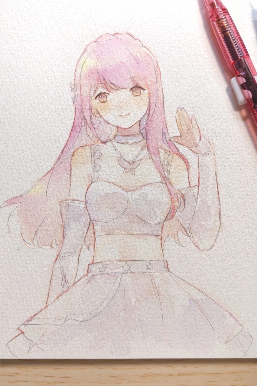 1girl absurdres bare_shoulders baronet bead_necklace beads bloom_up_(nikki) braid brown_eyes butterfly_hair_ornament butterfly_necklace chinese_commentary choker closed_mouth collarbone commentary_request cowboy_shot crop_top crown_braid detached_sleeves dot_nose eyelashes hair_ornament happy highres idol infinity_nikki jewelry light_blush long_hair long_sidelocks long_sleeves looking_at_viewer midriff miniskirt necklace nikki_(nikki) nikki_(series) painting_(medium) photo_(medium) pink_hair pleated_skirt sidelocks single_sidelock skirt skirt_set sleeves_past_wrists smile solo standing tank_top traditional_media very_long_hair watercolor_(medium) waving white_choker white_skirt white_sleeves white_tank_top