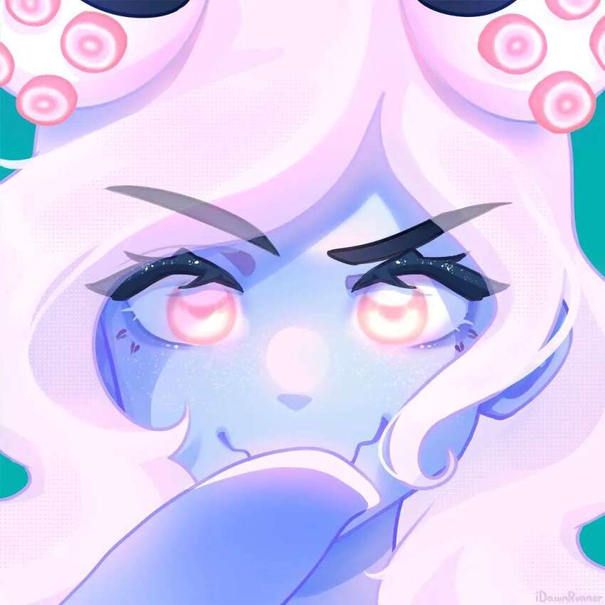 1girl artist_name bad_id bad_instagram_id blue_skin close-up closed_mouth colored_skin eyes_visible_through_hair glowing glowing_eyes green_background halftone hand_on_own_chin hand_up idawnrunner looking_at_viewer molly_(omori) monster_girl omori orange_eyes raised_eyebrow scylla simple_background smile solo straight-on suction_cups tentacle_arm tentacle_hair wavy_hair wavy_mouth white_hair