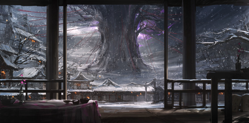 absurdres bowl building cherry_blossoms cloud dark_clouds dark_sky forest glowing_lines hakugyokurou highres nature no_humans palace perfect_cherry_blossom saigyou_ayakashi scenery snow snowing table touhou tree vase wooden_floor xumi
