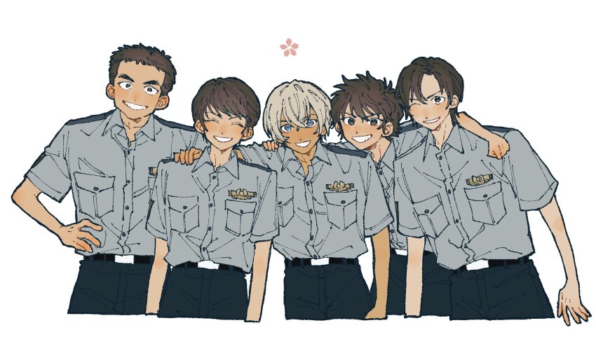 5boys ^_^ amuro_tooru blonde_hair brown_hair closed_eyes collared_shirt commentary_request cowboy_shot date_wataru hagiwara_kenji hair_between_eyes highres kome_uo looking_at_viewer male_focus matsuda_jinpei meitantei_conan multiple_boys one_eye_closed police police_uniform policeman scotch_(meitantei_conan) shirt short_hair simple_background white_background