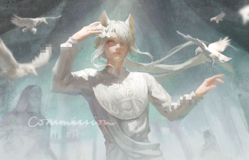 1girl animal_ears bird capelet cat_ears censored chinese_commentary collared_capelet commentary_request commission cross curtains dove eyelashes fake_censor floating_hair hair_over_one_eye half_mask highres holding holding_mask indoors lipstick long_hair long_sleeves looking_at_viewer low_ponytail makeup mask mosaic_censoring original pink_lips ponytail realistic sash shashadow shirt solo_focus upper_body very_long_hair white_capelet white_mask white_sash white_shirt yellow_eyes