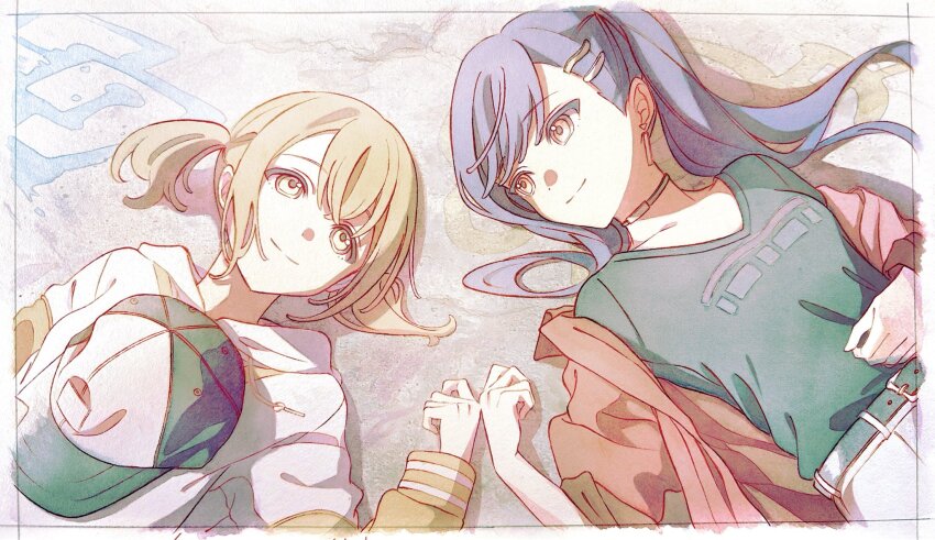 2girls azusawa_kohane baseball_cap blonde_hair blue_hair closed_mouth hat high_ponytail highres hood hood_down hoodie jacket long_hair long_sleeves looking_at_another lying multiple_girls on_back pato_(ptro) pink_jacket ponytail project_sekai shiraishi_an smile twintails very_long_hair white_hoodie yellow_eyes