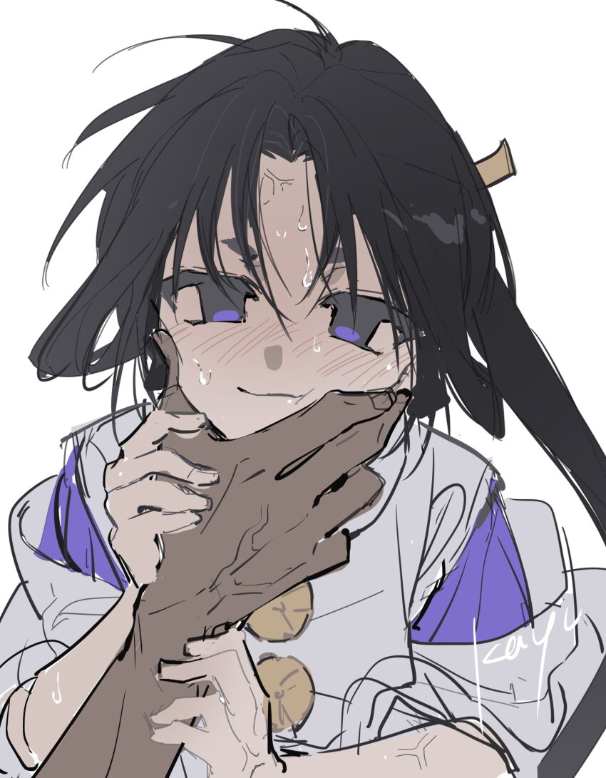 2boys artist_name black_hair blush commentary_request empty_eyes facing_viewer hand_on_another&#039;s_face highres holding_hands houjou_tokiyuki_(nige_jouzu_no_wakagimi) kayu_(yukagoin) looking_at_viewer male_focus multiple_boys nervous_sweating nige_jouzu_no_wakagimi no_pupils panicking ponytail pov pov_hands purple_eyes signature simple_background sketch solo_focus sweat thick_eyebrows veins veiny_arms white_background