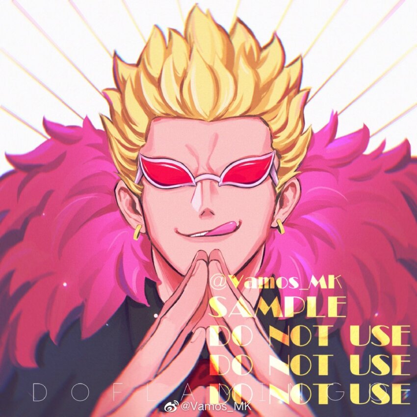 1boy blonde_hair donquixote_doflamingo earrings facing_viewer feather_boa glasses jewelry licking_lips male_focus one_piece red-tinted_eyewear short_hair solo tinted_eyewear tongue tongue_out upper_body vamos_mk watermark white-framed_eyewear white_background