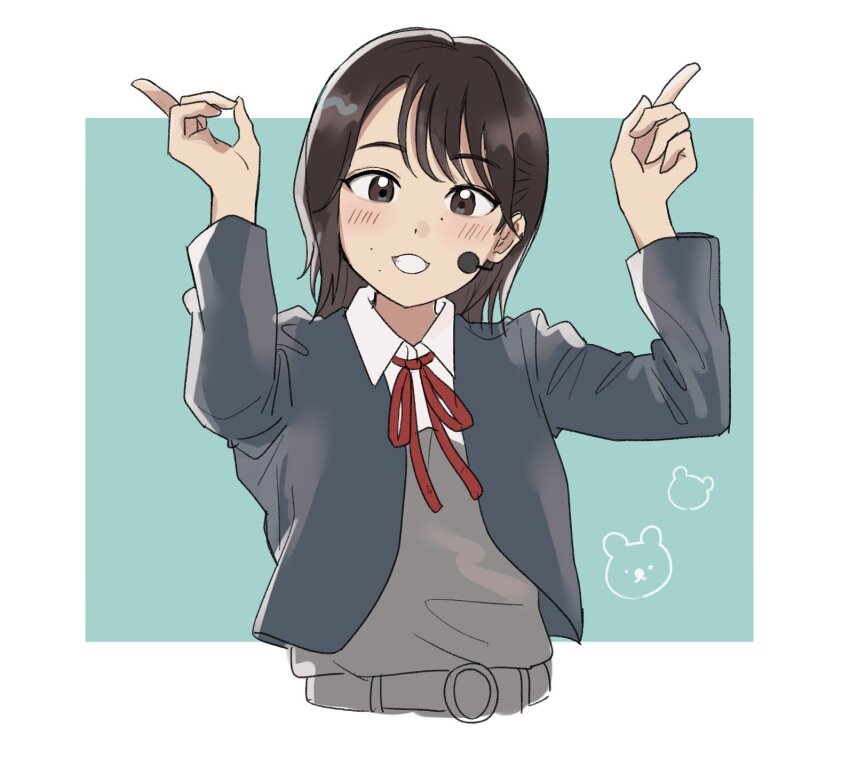 1girl arms_up bear belt black_eyes blush border collared_shirt commentary headset highres index_finger_raised jacket long_sleeves looking_at_viewer love_live! love_live!_superstar!! medium_hair mole neck_ribbon ookuma_wakana open_clothes open_jacket outside_border parted_lips real_life red_ribbon ribbon school_uniform shirt solo techimi teeth upper_body white_border yuigaoka_school_uniform
