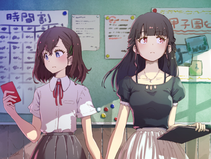 2girls :c black_hair black_shirt blouse blue_eyes blush breasts brown_hair bulletin_board cellphone classroom collarbone collared_shirt commentary_request cowboy_shot day female_focus flat_chest frown grey_skirt hair_between_eyes hair_ornament hairclip half_updo hand_up holding_hands indoors jewelry kagawa_yuusaku long_hair looking_at_phone looking_away looking_down looking_to_the_side looking_up medium_breasts multiple_girls neck necklace notebook original phone pleated_skirt puffy_short_sleeves puffy_sleeves red_eyes red_ribbon ribbon school school_uniform shade shirt short_hair short_sleeves side-by-side sideways_glance skirt smartphone standing teacher teacher_and_student white_shirt white_skirt yuri