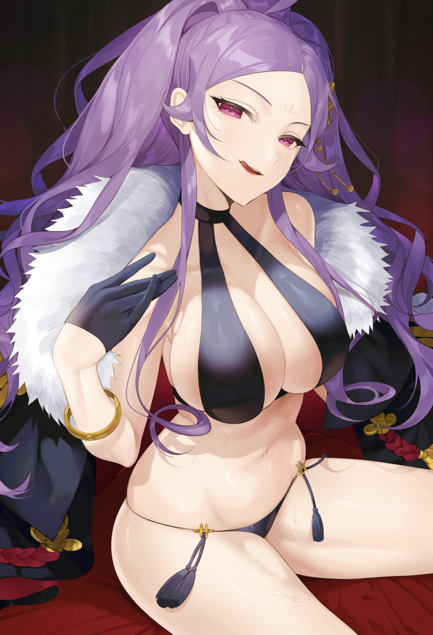 1girl bikini black_bikini black_cape black_gloves bracelet breasts cape cleavage commentary_request facial_mark fate/grand_order fate_(series) forehead forehead_mark fur-trimmed_cape fur_trim gloves hair_ornament half_gloves highres jewelry koyo_akio large_breasts long_hair looking_at_viewer navel pink_eyes purple_hair seductive_smile sideboob sidelocks sitting slingshot_swimsuit smile solo stomach swimsuit thighs tongue tongue_out very_long_hair wu_zetian_(fate) wu_zetian_(swimsuit_caster)_(fate) wu_zetian_(swimsuit_caster)_(third_ascension)_(fate)