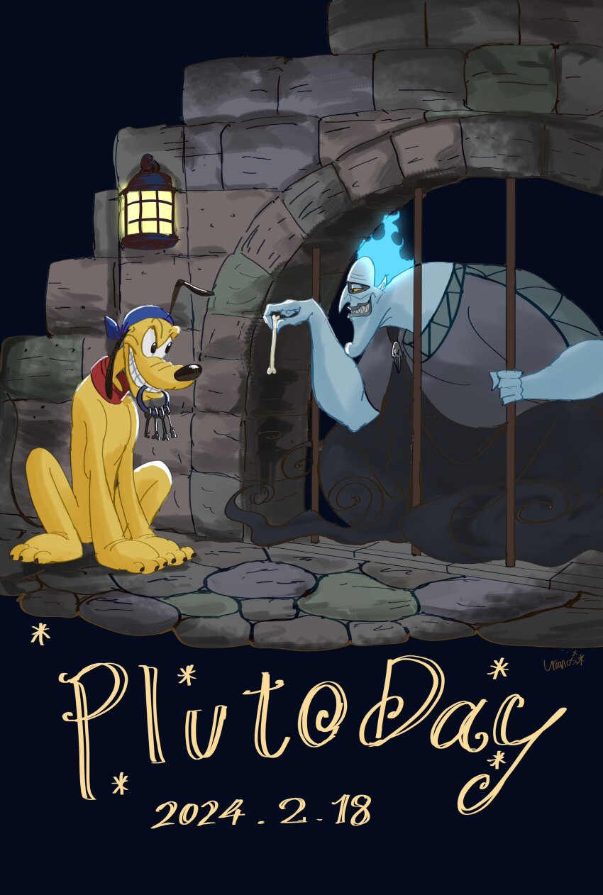 2boys absurdres blue_eyes blue_hair colored_skin d74335631 disney dog fiery_hair fire hades_(disney) hercules_(1997_film) highres long_hair looking_at_viewer multiple_boys pluto_(disney) short_hair smile tagme teeth