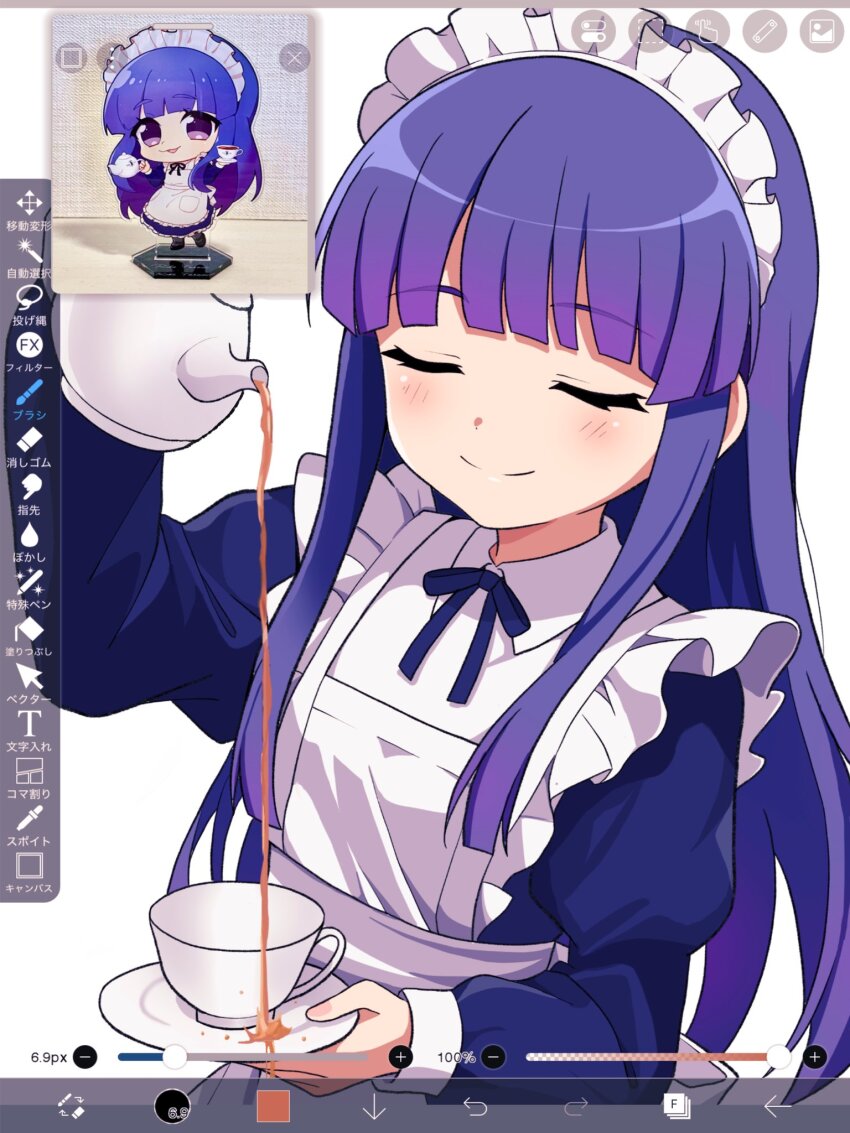 1girl alternate_costume apron blue_dress blue_ribbon blunt_bangs blush closed_eyes closed_mouth collared_dress cup decantering dress enmaided failure frilled_apron frills furude_rika hashtag-only_commentary highres higurashi_no_naku_koro_ni hime_cut holding holding_saucer holding_teapot ibispaint ibispaint_(medium) long_hair long_sleeves looking_at_viewer maid maid_headdress multiple_views neck_ribbon niyane open_mouth purple_hair ribbon saucer sidelocks simple_background smile teacup teapot upper_body white_apron white_background