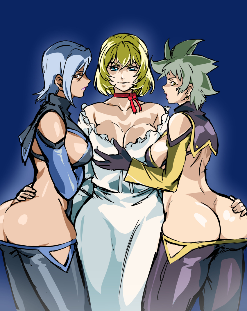 3girls ass bible_black bible_black_new_testament blonde_hair blue_hair breasts butt_crack crowley&#039;s_guards curvy dress grabbing_another&#039;s_breast groping highres hug huge_ass jody_crowley large_breasts mamesi_(suhk8583) medium_hair multiple_girls no_bra no_panties revealing_clothes shin_bible_black shiny_skin short_hair smug spiked_hair take_your_pick white_dress wide_hips