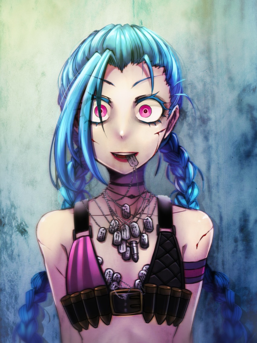 1girl blood braid crazy_eyes crazy_smile dog_tags female_focus highres injury jinx_(league_of_legends) league_of_legends looking_at_viewer open_mouth pink_eyes scratches smile solo tanpopo_hayabusa-maru twin_braids