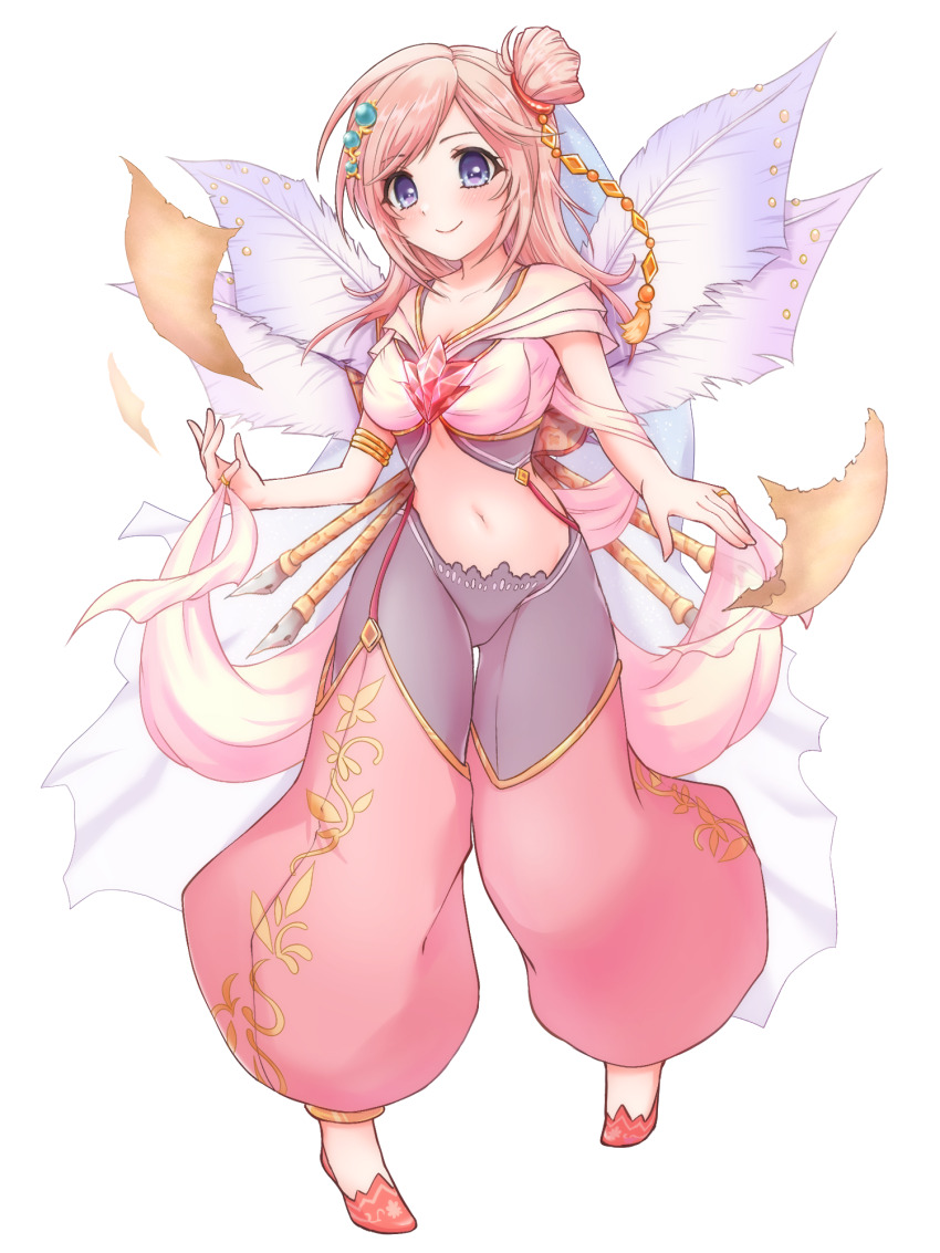 1girl blue_eyes blue_gemstone blush breasts character_request cleavage closed_mouth commentary_request crop_top full_body gem grey_pants highres kuma_king looking_at_viewer medium_breasts navel nib_pen_(object) pantaloons pants papers pen pink_gemstone pink_hair pink_shoes ragnarok_online shirt shoes simple_background smile solo white_shirt white_wings wings