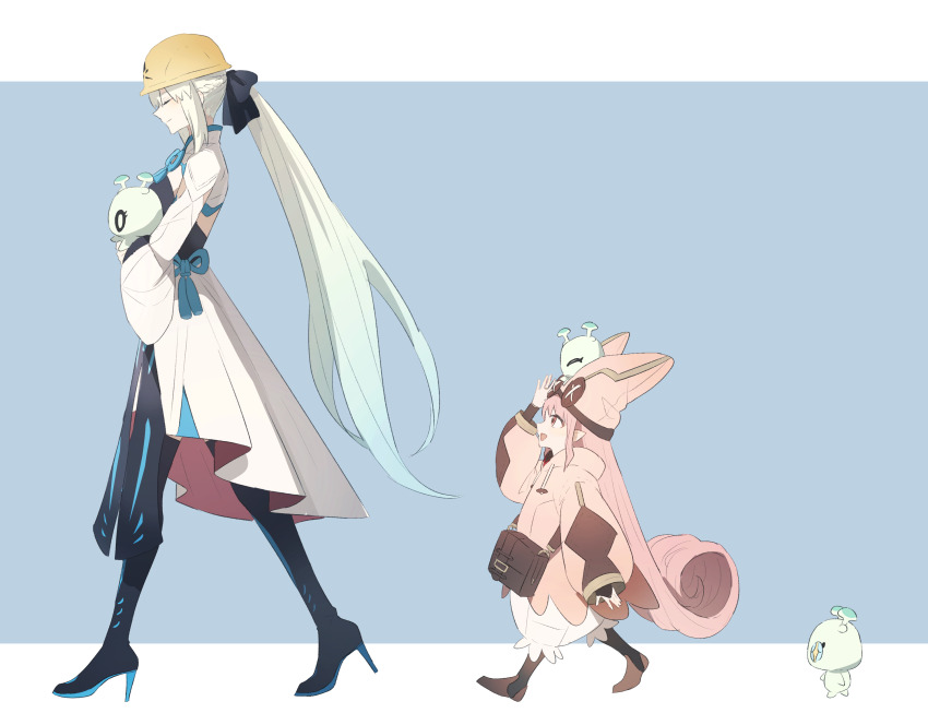 2girls black_bow boots bow closed_eyes con_(fate) fate/grand_order fate_(series) full_body habetrot_(fate) hair_between_eyes hair_bow high_heels highres long_hair long_sleeves morgan_le_fay_(fate) morgan_le_fay_(first_ascension)_(fate) multiple_girls ninjin_(ne_f_g_o) open_mouth pink_eyes pink_hair smile thigh_boots very_long_hair white_hair