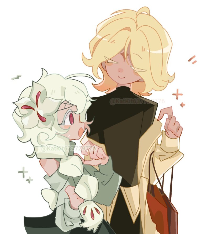 1boy 1girl blonde_hair braid casual closed_mouth cookie_run cookie_run:_kingdom flower hair_flower hair_ornament humanization katkit637729776 long_hair long_sleeves pure_vanilla_cookie red_eyes short_hair simple_background smile very_long_hair white_background white_flower white_hair white_lily white_lily_cookie