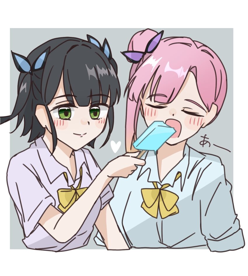 2girls alternate_costume anyoji_hime black_hair blonde_hair blue_shirt blush border bow bowtie closed_eyes closed_mouth collared_shirt commentary_request cropped_torso feeding gradient_hair green_eyes grey_background hair_bun hair_intakes heart highres i_do_me!_(love_live!) link!_like!_love_live! love_live! lying mihasu_ll momose_ginko multicolored_hair multiple_girls official_alternate_hairstyle on_back open_mouth pink_hair pink_shirt shirt short_sleeves side_ponytail simple_background single_side_bun split_mouth two_side_up virtual_youtuber white_border yellow_bow yellow_bowtie
