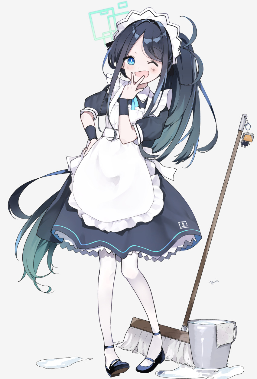 1girl absurdly_long_hair absurdres apron aris_(blue_archive) aris_(maid)_(blue_archive) black_dress black_hair black_shoes blue_archive blue_eyes blush bucket dress full_body green_halo grey_background halo highres kei_(robot)_(blue_archive) long_hair looking_at_viewer maid maid_apron maid_headdress official_alternate_costume one_eye_closed open_mouth pantyhose puffy_short_sleeves puffy_sleeves ringed_eyes ryo_(ryo_skrdi) shoes short_sleeves side_ponytail simple_background smile solo v very_long_hair water white_apron white_pantyhose