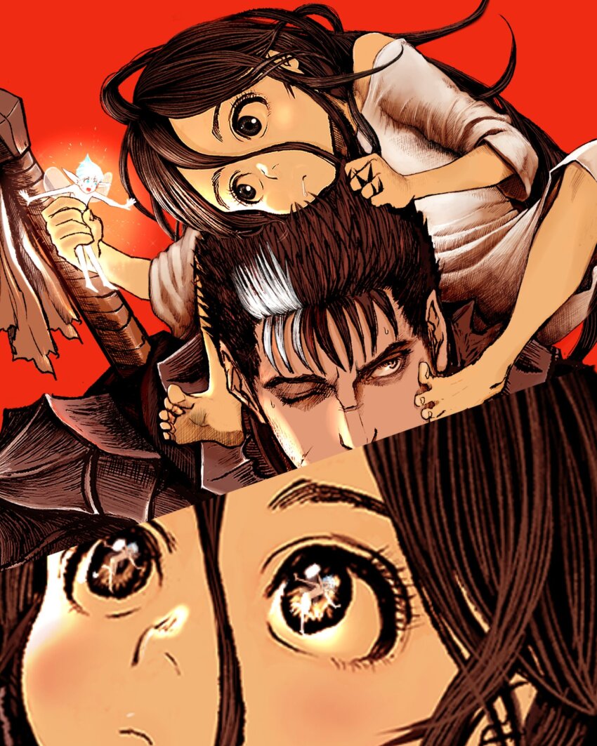 3boys armor bare_shoulders barefoot berserk berserker_armor black_armor black_eyes black_hair dragonslayer_(sword) eyelashes fairy fairy_wings guts_(berserk) hair_between_eyes highres long_hair moonlight_boy_(berserk) multicolored_hair multiple_boys multiple_views nisino2222 one_eye_closed puck_(berserk) red_background shirt short_hair streaked_hair sword sword_on_back weapon weapon_on_back white_shirt wings