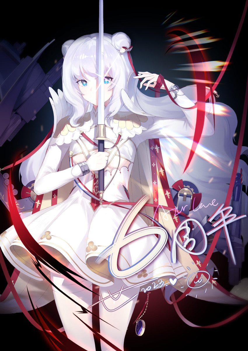 +_+ 1girl 2023 absurdres azur_lane blue_eyes breasts cape chenshijian clothing_cutout commentary cowboy_shot double_bun dress english_commentary flat_chest hair_bun highres holding holding_sword holding_weapon le_malin_(azur_lane) long_hair long_sleeves pantyhose solo string string_of_fate sword underboob underboob_cutout very_long_hair weapon white_dress white_pantyhose