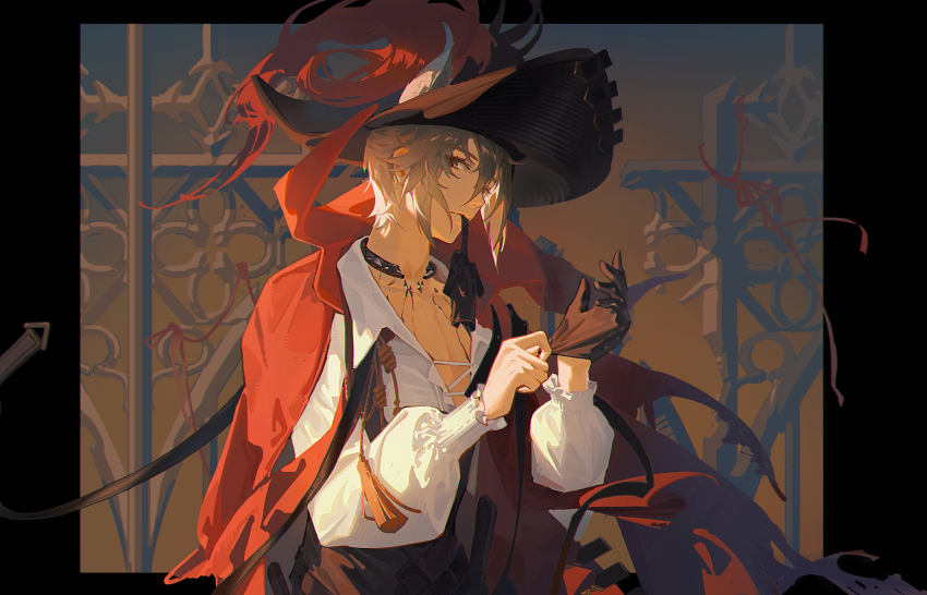 1boy adjusting_clothes adjusting_gloves animal_ears architecture arknights black_gloves black_headwear border brown_vest cape cat_ears commentary ears_through_headwear fence frown glove_in_mouth gloves gothic_architecture grey_hair head_tilt highres infection_monitor_(arknights) iron_fence looking_at_viewer male_focus material_growth mouth_hold open_clothes open_shirt oripathy_lesion_(arknights) outdoors phantom_(arknights) phantom_(focus)_(arknights) puffy_sleeves red_cape shadow shirt short_hair sidelocks solo upper_body vest white_shirt yuyumu