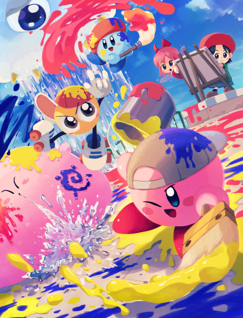 2girls :o ;d \n/ absurdres adeleine art_brush artist_kirby artist_name backwards_hat baseball_cap beret black_hair blue_eyes blue_sky blush blush_stickers canvas_(object) closed_eyes closed_mouth cloud commentary_request copy_ability day dress easel green_dress grey_headwear hair_between_eyes hair_ribbon hat highres holding holding_paintbrush kirby kirby&#039;s_adventure kirby_(series) kirby_64 kirby_super_star kracko long_sleeves multiple_girls multiple_persona nintendo one-eyed one_eye_closed open_mouth outdoors paint paint_can paint_kirby paint_roller_(kirby) paint_splatter paintbrush pink_hair rain red_headwear red_ribbon ribbon ribbon_(kirby) roller_skates short_hair skates sky smile standing star_(symbol) suyasuyabi twitter_username v-shaped_eyebrows water water-balloon_mouth
