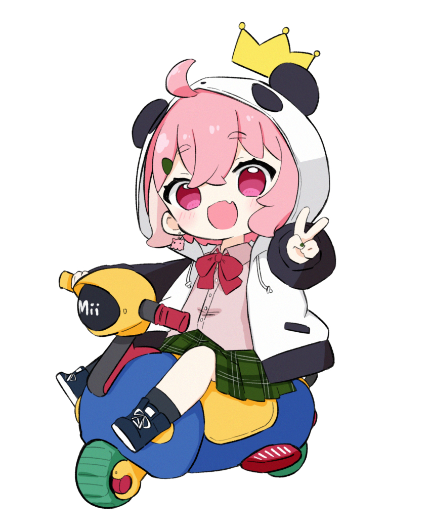 1girl :d ahoge animal_ears animal_hood black_boots black_socks blush boots bow chibi collared_shirt commentary drawstring dress_shirt driving earrings fake_animal_ears fang green_nails green_skirt hair_between_eyes hair_ornament hairclip highres hood hood_up hooded_jacket jacket jewelry long_sleeves looking_at_viewer multicolored_hair nail_polish nijisanji nozo_(hitomiz) open_clothes open_jacket open_mouth panda_ears panda_hood pink_hair pink_shirt plaid_clothes plaid_skirt pleated_skirt puffy_long_sleeves puffy_sleeves purple_eyes red_bow sasaki_saku sasaki_saku_(1st_costume) shirt short_sleeves simple_background skirt smile socks solo streaked_hair thick_eyebrows v virtual_youtuber white_background white_hair white_jacket