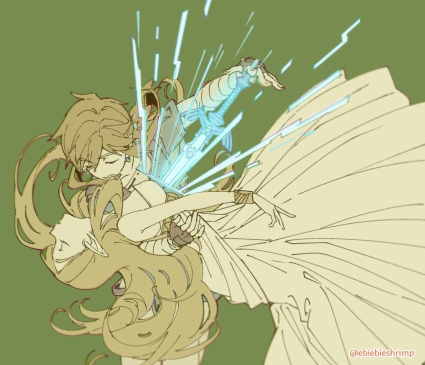 1boy 1girl blonde_hair closed_eyes dress earrings green_background human_scabbard jewelry link master_sword nintendo parody pointy_ears ponytail princess_zelda sekai_wo_kakumei_suru_chikara_wo shoujo_kakumei_utena shuri_(84k) simple_background sword the_legend_of_zelda the_legend_of_zelda:_breath_of_the_wild twitter_username weapon