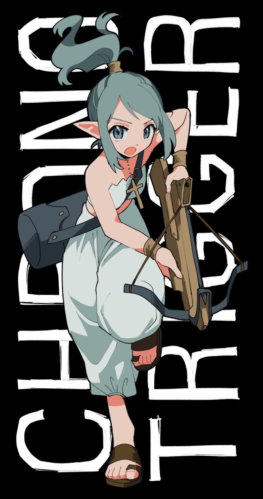 1girl absurdres bare_shoulders blue_eyes chrono_trigger copyright_name cosplay full_body highres jewelry lip_pw long_hair looking_at_viewer marle_(chrono_trigger) open_mouth original pointy_ears ponytail solo weapon