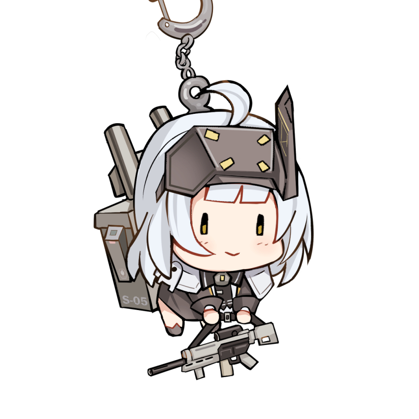 1girl black_bow black_bowtie black_shirt blush bow bowtie charm_(object) chibi cloak closed_mouth goddess_of_victory:_nikke hanging highres holding holding_weapon long_hair shirt smile snow_white_(innocent_days)_(nikke) snow_white_(nikke) solo visor_(armor) weapon white_cloak white_hair yellow_eyes yougenko