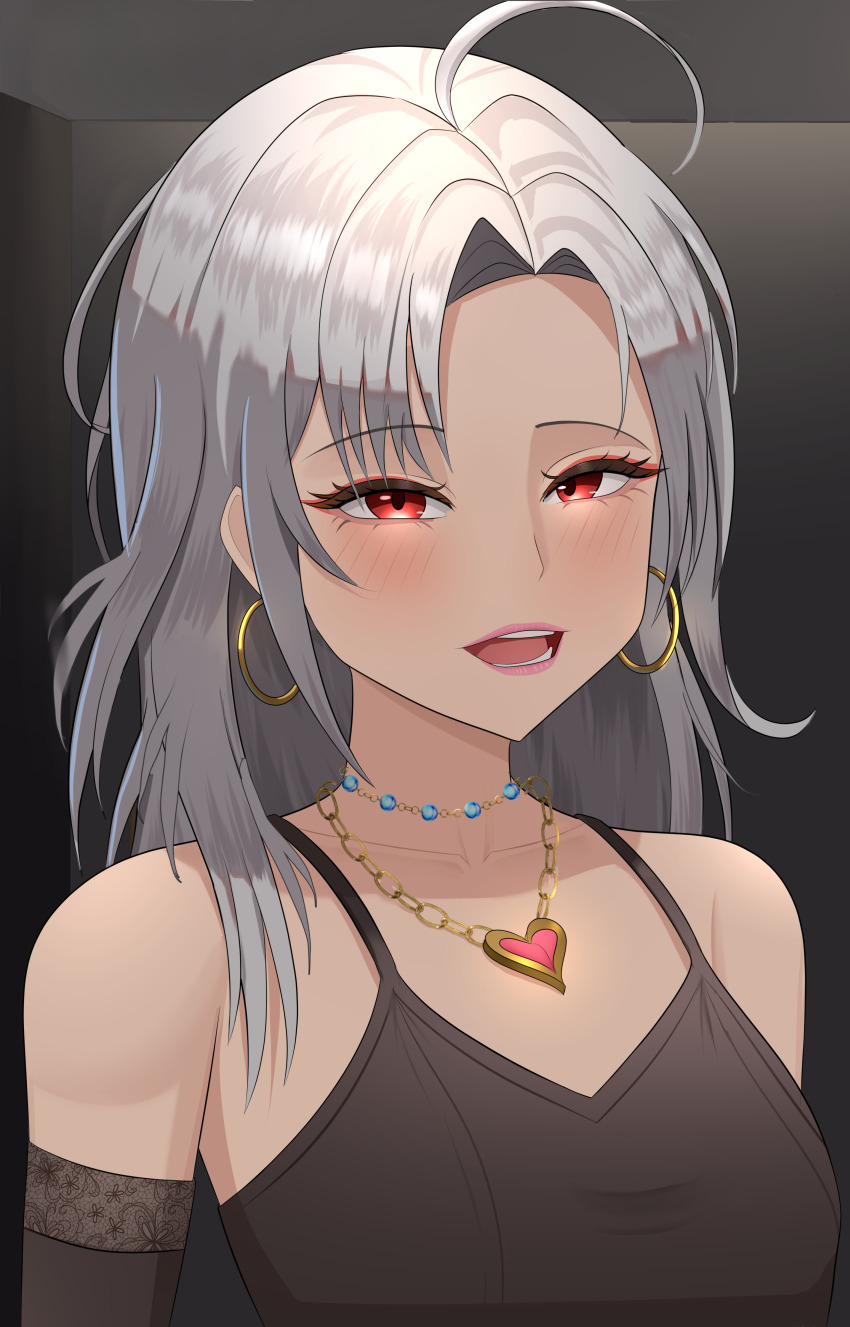 1girl absurdres black_hair grey_hair highres indoors jewelry non-web_source original red_eyes solo upper_body yissou_art