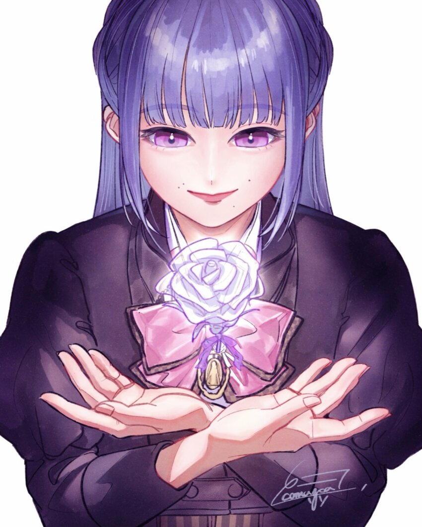 1girl artist_name assault_lily black_jacket bow bowtie braid closed_mouth commentary crossed_wrists fingernails floating floating_object flower fukuyama_jeanne_sachie half_updo hands_up highres jacket jewelry juliet_sleeves komuzuka long_hair long_sleeves looking_at_flowers looking_down ludvico_private_girls&#039;_academy_school_uniform mole mole_above_mouth mole_under_eye open_hands pendant pink_bow pink_bowtie pink_eyes puffy_sleeves purple_hair rose school_uniform sidelocks signature simple_background smile solo upper_body white_background white_flower white_rose