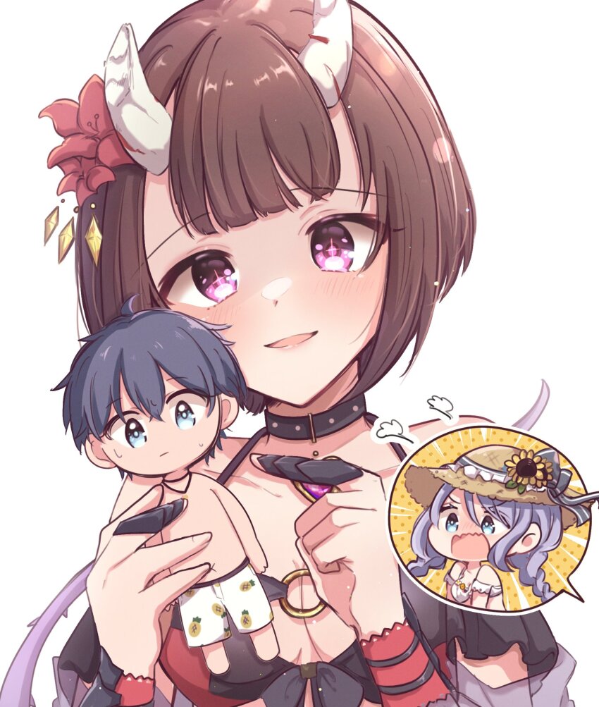 +_+ bikini black_choker black_hair blue_eyes breasts broken_horn character_doll chibi chibi_inset choker claw_ring demon_girl demon_horns doll eriko_(princess_connect!) eriko_(summer)_(princess_connect!) flower hair_flower hair_ornament head_tilt heart heart_choker highres holding holding_doll horns light_blush looking_at_viewer medium_breasts princess_connect! purple_eyes purple_hair red_bikini shizuru_(princess_connect!) shizuru_(summer)_(princess_connect!) short_hair spiked_tail swimsuit symbol-shaped_pupils tail upper_body white_background yuuki_(princess_connect!)