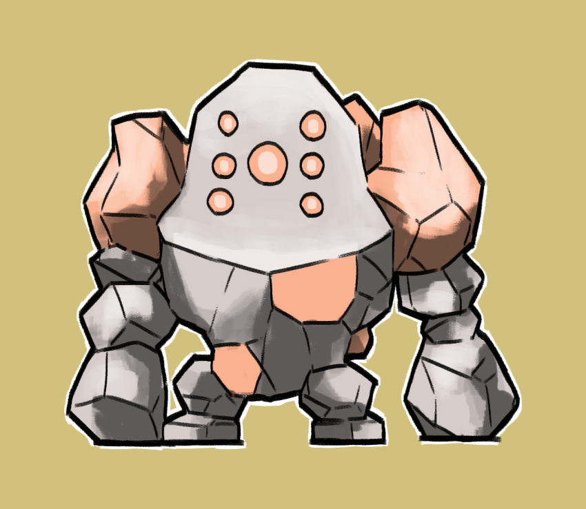 arms_at_sides blacknirrow brown_background chibi creatures_(company) full_body game_freak gen_3_pokemon legendary_pokemon looking_at_viewer nintendo no_humans orange_eyes outline pokemon pokemon_(creature) regirock rock simple_background solo standing straight-on white_outline