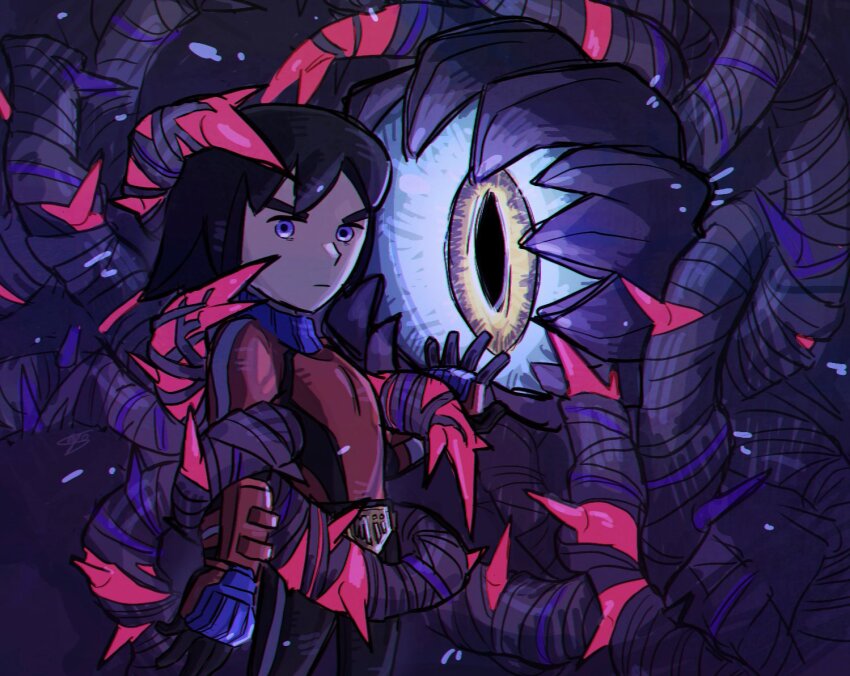 1boy armor belt black_eyes black_hair black_shirt blue_eyes blush closed_mouth dharkon frown gloves holding holding_weapon horns jacket long_hair long_sleeves looking_at_viewer male_focus mii_(nintendo) mii_brawler_(smash_ultimate) monster nintendo nyo02921978 red_jacket shirt short_hair solo super_smash_bros. sword v-shaped_eyebrows weapon white_background