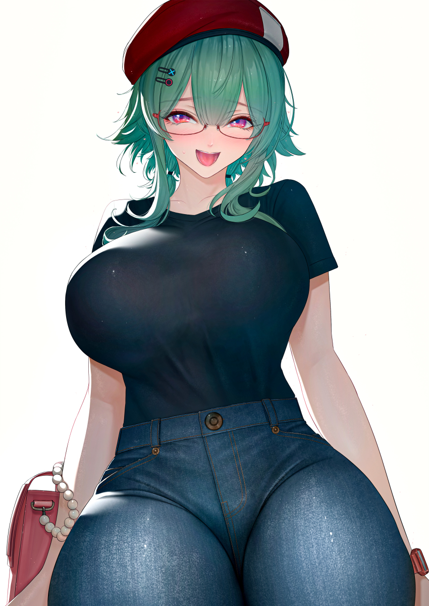 absurdres bag beret black_shirt blue_pants breasts character_request collarbone copyright_request denim glasses green_hair hair_ornament hairclip handbag hat highres imizu_(nitro_unknown) jeans large_breasts open_mouth pants purple_eyes red-framed_eyewear red_bag red_hat shirt short_sleeves sweat watch white_background wristwatch