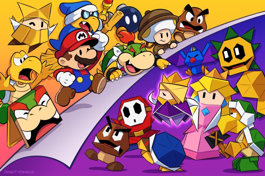 2girls 6+boys :d arm_up artist_name bandana bat_(animal) blue_headwear blue_overalls blue_pants bob-omb bomb bowser bowser_jr. broom broom_riding brown_footwear brown_hair brown_headwear brown_jacket buzzy_beetle claws closed_mouth commentary crown dress earrings english_commentary explosive facial_hair fang full_body furrowed_brow glasses gloves goomba gradient_background green_headwear hair_over_one_eye hammer hammer_bro hat helmet highres holding holding_hammer holding_wand jacket jewelry jumping kamek king_olly koopa_troopa long_hair long_sleeves looking_at_another making-of_available mario mario_(series) mask multiple_boys multiple_girls mushroom mustache nintendo olivia_(paper_mario) one_eye_closed one_eye_covered open_mouth origami overalls pants paper_mario paper_mario:_the_origami_king paper_mario_(character) pink_dress pink_hair pokey_(mario) princess_peach professor_toad_(mario) purple_background red_headwear red_shirt round_eyewear sharp_teeth shell shirt shoes short_hair shy_guy smile solid_oval_eyes spiked_shell spikes swoop_(mario) teeth toad_(mario) turtle_shell tusks v-shaped_eyebrows vinny_(dingitydingus) wand white_bandana white_gloves yellow_background