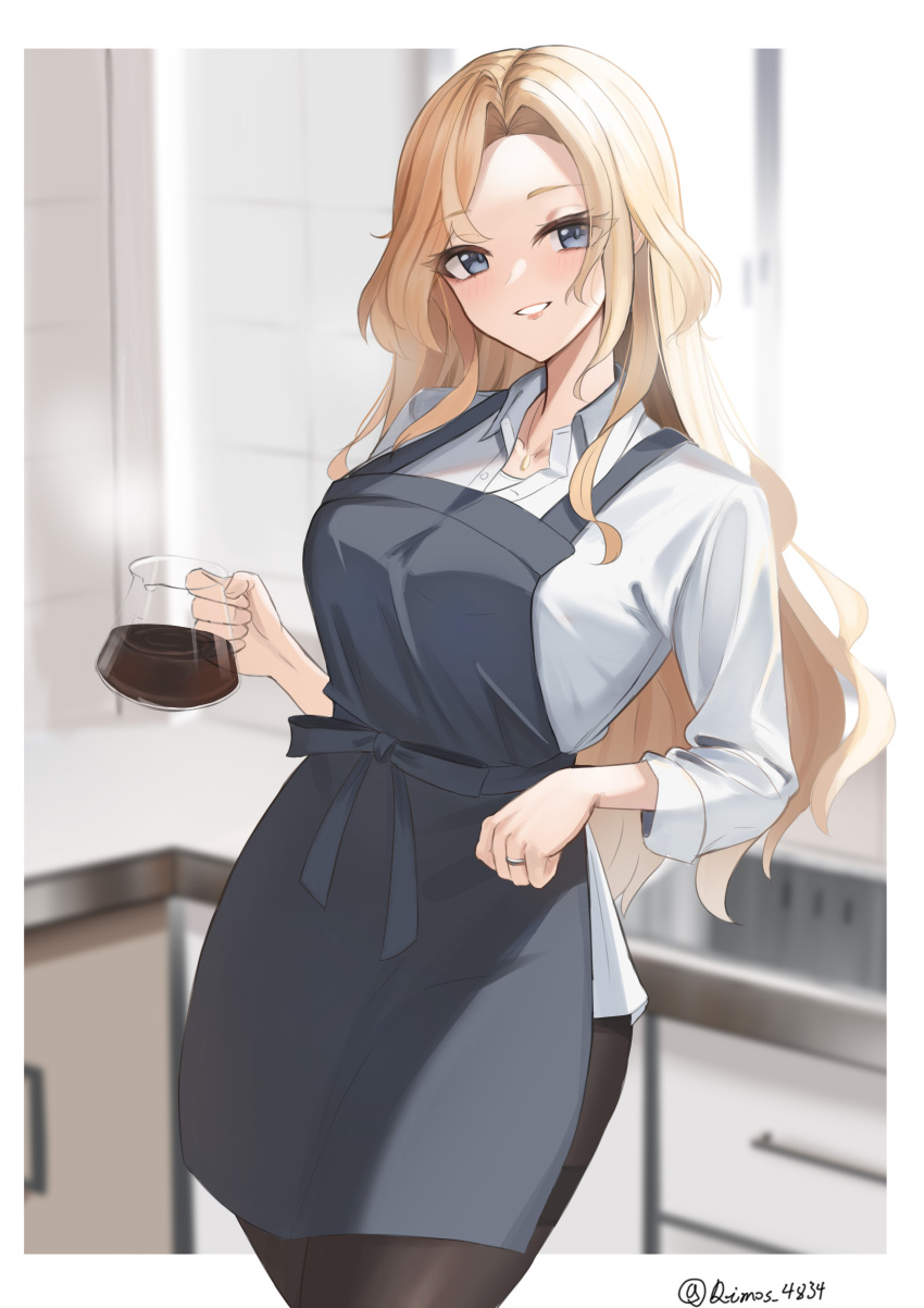1girl absurdres alternate_costume apron black_apron black_pantyhose blonde_hair blue_eyes blurry blurry_background breasts coffee coffee_pot collared_shirt commentary_request dimos_(dawn_1945) highres holding hornet_(kancolle) indoors jewelry kantai_collection large_breasts long_hair looking_at_viewer pantyhose ring shirt solo steam twitter_username wedding_ring white_shirt