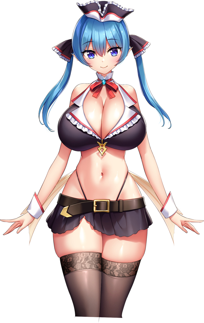 1girl absurdres arms_at_sides belt bikini black_bikini black_skirt black_thighhighs blue_eyes blue_hair blush breasts cleavage closed_mouth collar collared_bikini crop_top derauea fins fish_girl frilled_hat frilled_ribbon frills game_cg hair_ribbon hat head_fins highres huge_breasts looking_at_viewer maron_(milk_factory) microskirt milk_factory motto!_haramase!_honoo_no_oppai_isekai_chou_ero_succubus_gakuen! navel neck_ribbon non-web_source official_art pirate_hat red_ribbon ribbon skindentation skirt smile solo sprite standing swimsuit tachi-e thighhighs thong transparent_background twintails wrist_cuffs