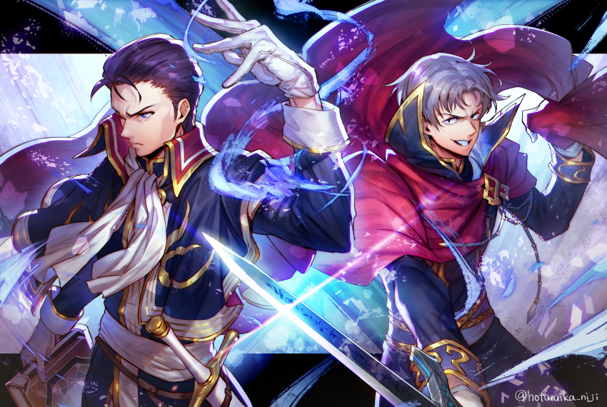 &gt;:) ascot black_eyes black_hair blue_eyes book cape capelet clenched_teeth fire_emblem fire_emblem:_thracia_776 gloves grey_hair highres holding holding_book hotaruika_niji kempf_(fire_emblem) looking_at_viewer male_focus nintendo reinhardt_(fire_emblem) sheath short_hair smile sword teeth v-shaped_eyebrows weapon