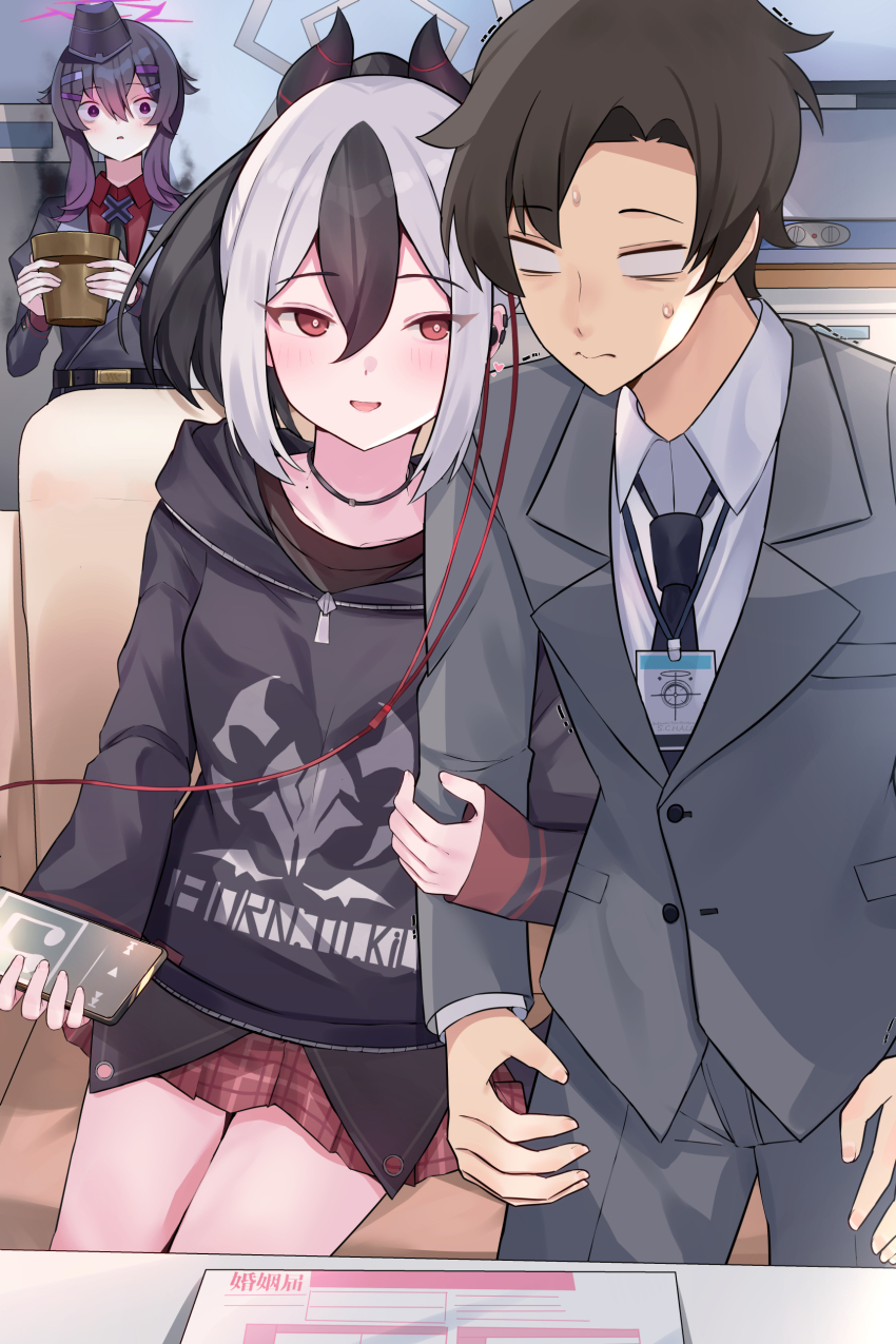 1boy 2girls :d absurdres arm_hug aura black_choker black_hair black_hat black_hoodie black_horns black_jacket blank_eyes blue_archive blush bright_pupils cellphone choker closed_mouth commentary cowboy_shot dark_aura demon_horns double-parted_bangs earclip earphones flirting flower_pot garrison_cap grey_hair grey_halo hair_between_eyes hair_ornament hairclip halo haruka_(blue_archive) hat heart heart-shaped_pupils hetero highres holding holding_flower_pot holding_phone hood hood_down hoodie horns indoors jacket jealous juliet_sleeves kayoko_(blue_archive) long_sleeves looking_at_another lovestruck marriage_certificate_(object) medium_hair mi_taro333 miniskirt mole mole_on_neck multicolored_hair multiple_girls open_mouth phone pink_pupils plaid_clothes plaid_skirt pleated_skirt ponytail puffy_sleeves purple_eyes purple_hair purple_halo red_eyes red_shirt red_skirt sensei_(blue_archive) sensei_(blue_archive_the_animation) shared_earphones shirt short_hair side-by-side sitting skirt sleeves_past_wrists smartphone smile spiked_hair sweatdrop symbol-shaped_pupils trembling tsurime two-tone_hair white_pupils wide-eyed